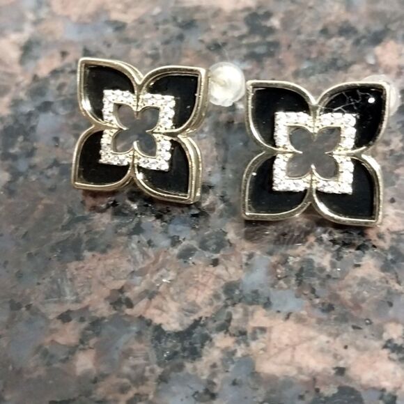 Black Enamel and Faux Diamond Earrings. - Picture 1 of 3
